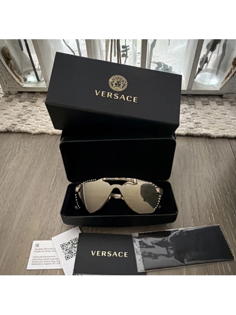 Versace Gold Shield Sunglasses with Stud Accents